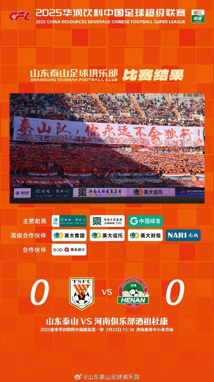  中超首戰(zhàn)，泰山隊(duì)雖未取勝，但全隊(duì)展現(xiàn)出了頑強(qiáng)的拼搏精神